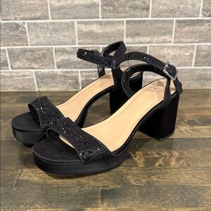 Heart in D Women's Black Block Heel Sandals Rhinestone Straps 7.5 Prom Wedding‎